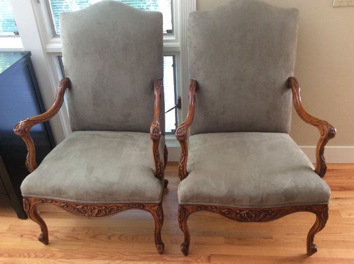 Schubert Design, Hickory & White, Gray Ultra Suede Arm Chairs