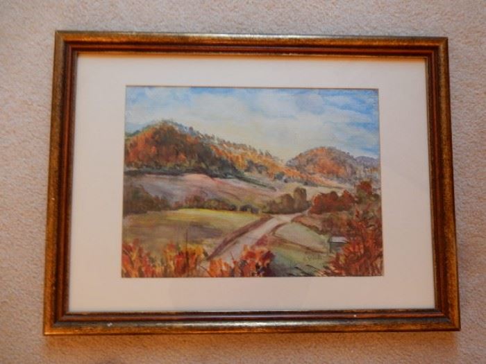 Watercolor - subject: Autumn Landscape, Framed and Matted