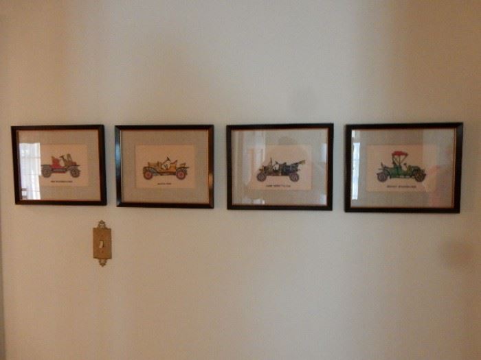 Antique Auto  Framed Cross Stitch Embroidered - Set of 4