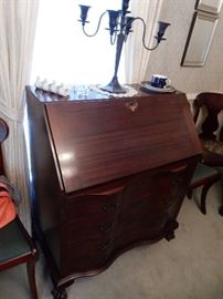 Mahogany Chippendale Style Slant Front Desk, Serpentine Front and Paw Feet