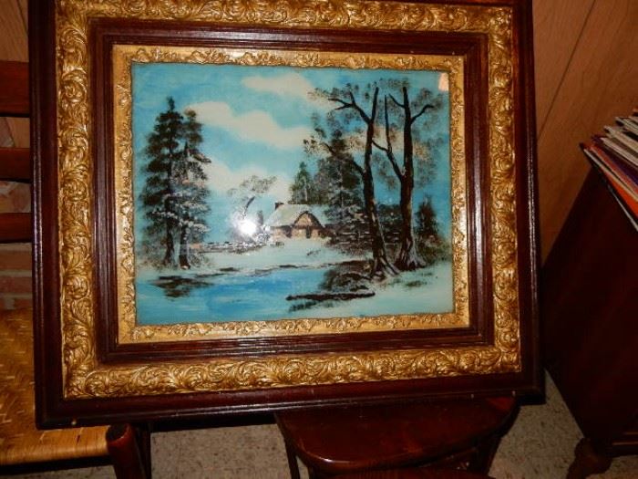 Reverse Painting on Glass - Winter Landscape in Victorian Frame