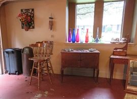 Barstools, antique cabinet