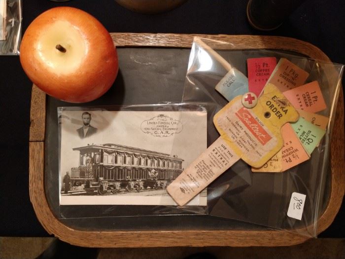 Antique school slate, Lincoln death car postcard, cardboard milk order signal Sealtest advertising
