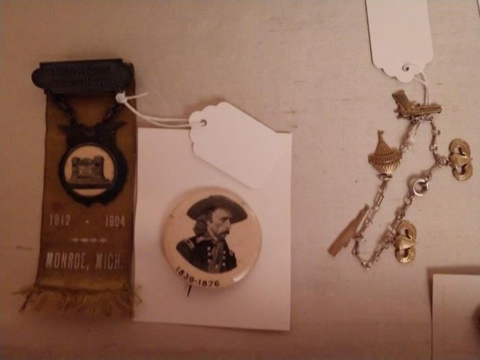 General Custer pin and Michigan Kentucky 1812 to 1904 pin and ribbon