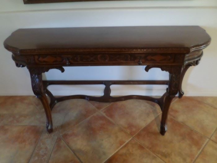 Exquisite Antique 5’ 6” Hand Carved Trestle Entry Table orSide table with drawer