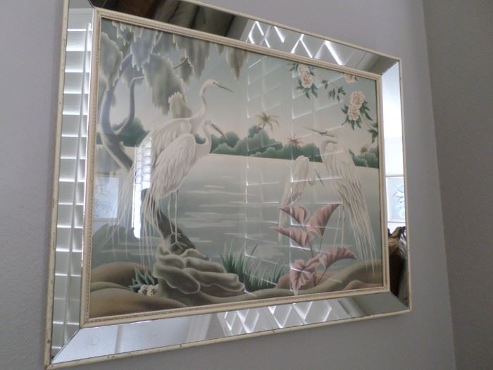 Vintage Flamingo Print in Mirrored Frame