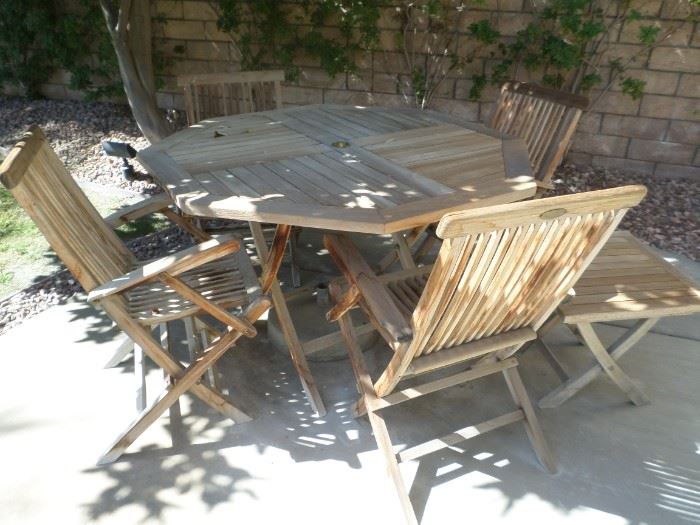 Hexagon Teak Patio Table 4 chairs & 1 side table