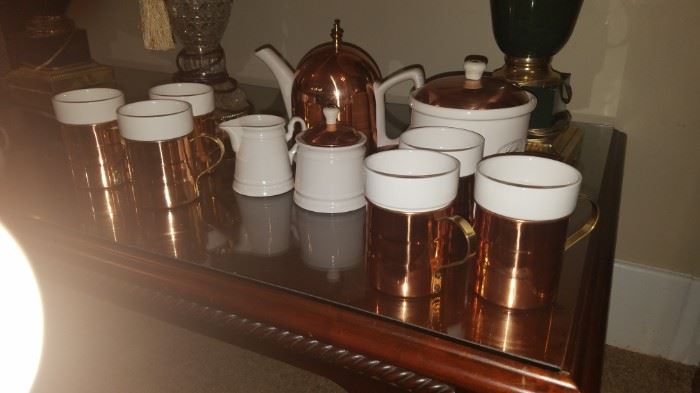Vintage copper clad porcelain coffee set