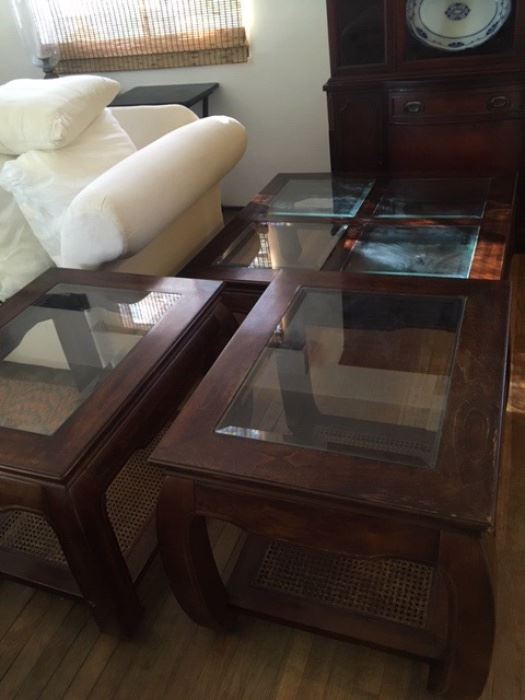 Glass topped coffee table and 2 side tables