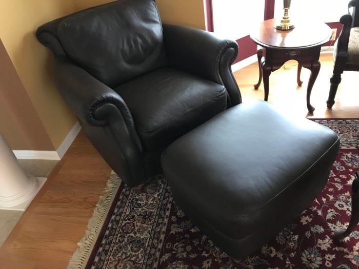 Brown Leather Arm Chair with Ottoman 
