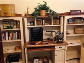 Computer desk with upper shelving unit; book shelf units for either side