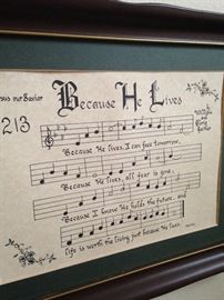 Framed "Because He Lives" (written by Bill Gaither)