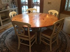 Pine Top White Painted Pedestal Base  Kitchen Table with Five Cottage Chairs