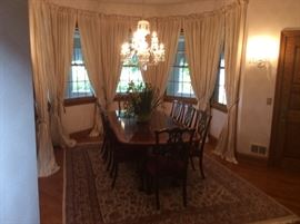Satin-Banded Double Pedestal Dining Table with Eight Chippendale Style Chairs ( Ethan Allen).