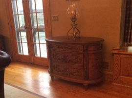 Oval Wood Carved 3-Drawer Chest (one of a pair).