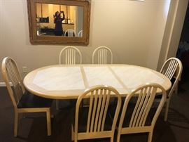 Kitchen table with 6 upholstered chairs, 77 by 42 with leaf , 60" long without   (17" leaf)
