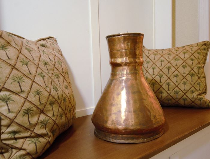 Copper vase for sale. Great for florals. Pillows for sale too.
