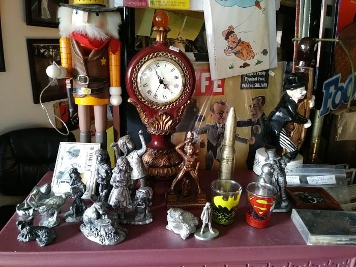Pewter items....Clock...Batman and Superman shot glasses and Nutcracker and more