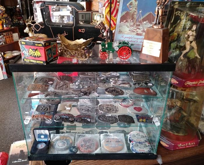 Assorted belt buckles...N A S A  vintage button...Batman cards Ford truck bank ...more