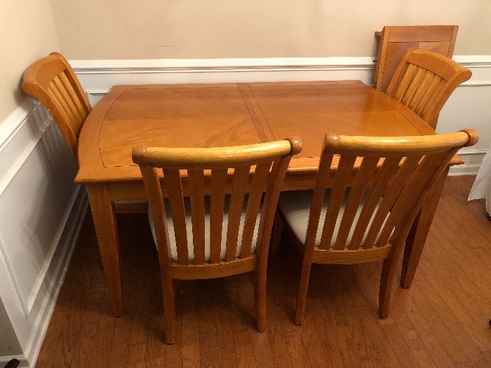 Blonde Wood Dining Table w/ One Leaf and Four Blonde Wood Upholstered Seat Dining Side Chairs