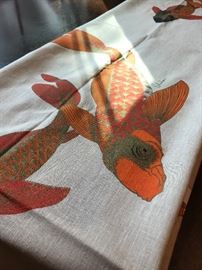 Alfred Shaheen Handprint Koi Goldfish Hawaii Linen Dress Decor Fabric Price $20