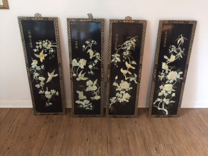 Antique Chinese Hand-Carved Green Stone Hanging Prints ( approx 12" x 30") Price $65 each