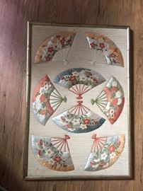 Antique Textile Fabric Art in shape of fans. Framed. Price $40