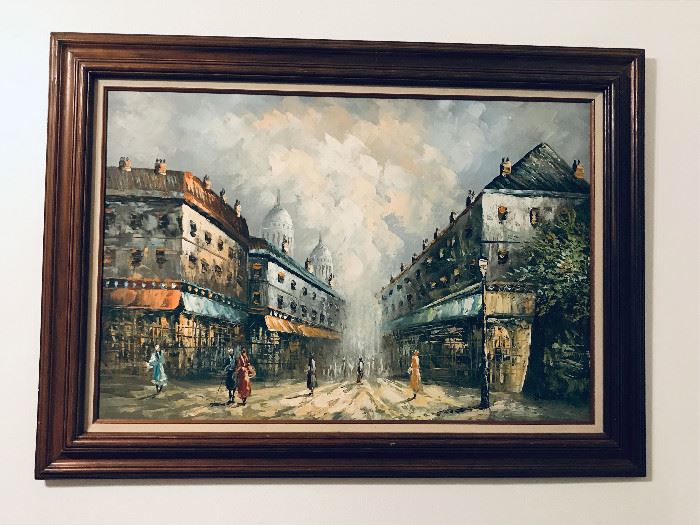 Paris scenery in oil by Caroline Burnett. Signed.    A painter born in the United States (place unknown), she was in Paris in the early part of her career, which was late 19th and early 20th century.  She was a member of the Societe des Beaux-Arts in Paris and exhibited with the Societe Nationale des Beaux Arts in Paris in 1898.  Paris scenery in oil by Caroline Burnett. Signed. (Approx 36" x 48") ESTATE SALE PRICE: $225

A painter born in the United States (place unknown), she was in Paris in the early part of her career, which was late 19th and early 20th century.  She was a member of the Societe des Beaux-Arts in Paris and exhibited with the Societe Nationale des Beaux Arts in Paris in 1898.  This society was founded in the 1880s as a rival to the well-established group sponsoring the 'oficial' Salon.  The SNBA held their exhibitions at the Palais des Beaux Arts on the Champs-de-Mars.