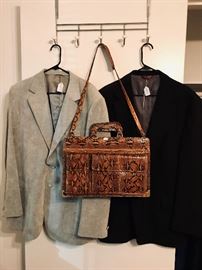 [left] Men's Suede Leather Lapel Two Button Dress Coat Jacket (size Large). $13    [right]  Black Wool One Button Dress Jacket (size Large). $25     [middle] Snake skin bag. $80