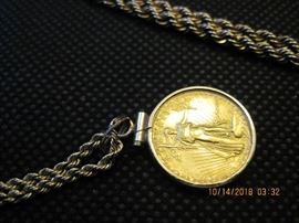 1986 $5.00 gold coin with 14k gold bezel and chain