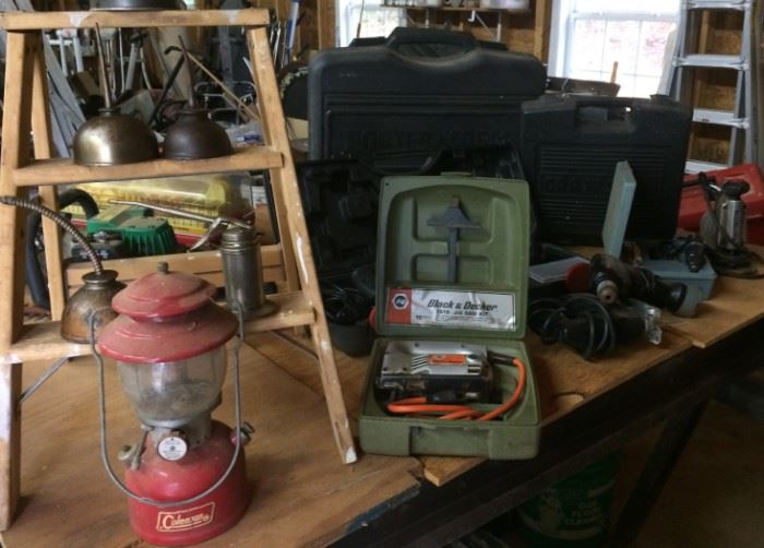 Small Wooden Step stool, Vintage Oil Cans, Coleman Lantern, Black & Decker 7516 Jigsaw Kit