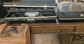 Musser Xylophone,  BIC Turntable, Vintage Desk, Wooden Crate with Rope Handles