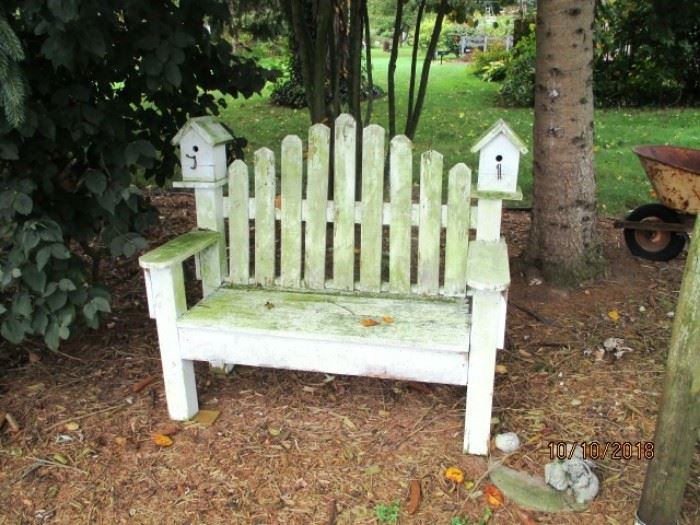 wood bench and houses