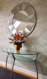 Glass Console Table with Contemporary Round Mirror