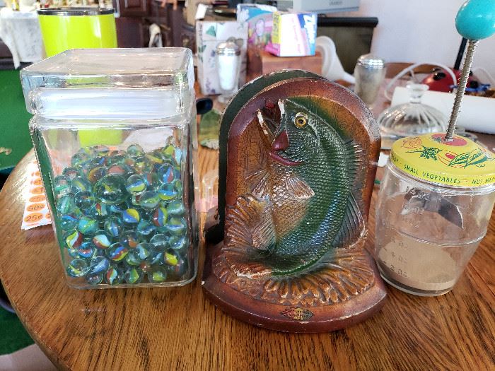 marbles, vintage fish bookends, vintage kitchen chopper