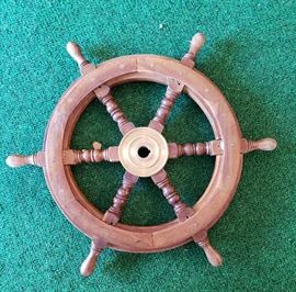 Nautical wooden ship steering wheel