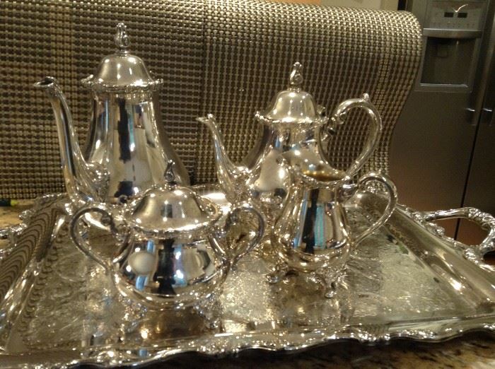 Webster Wilcox Silver Plated Tea/Coffee Set including Waiter Tray, Coffee Pot, Tea Pot, Sugar and Creamer