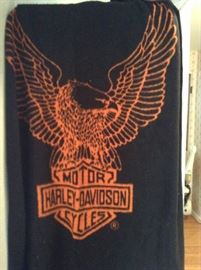 Harley Davidson items - blanket, spare tire cover,  leather vest