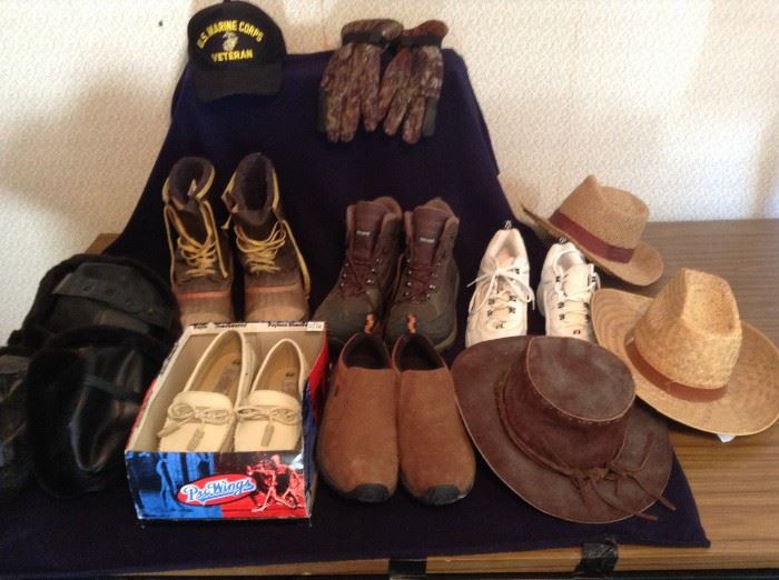 Many new and gently used Men's boots, sneakers, hats, gloves