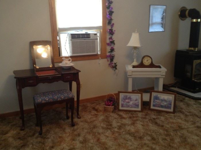 Dressing table with seat, garlands, antique clock, side tables, lots of art work