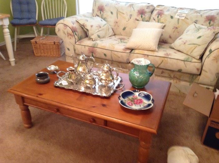 Silver Set - Webster Wilcox, Fenton Green Opalescent Pitcher,  GREAT comfy sofa and pine coffee table