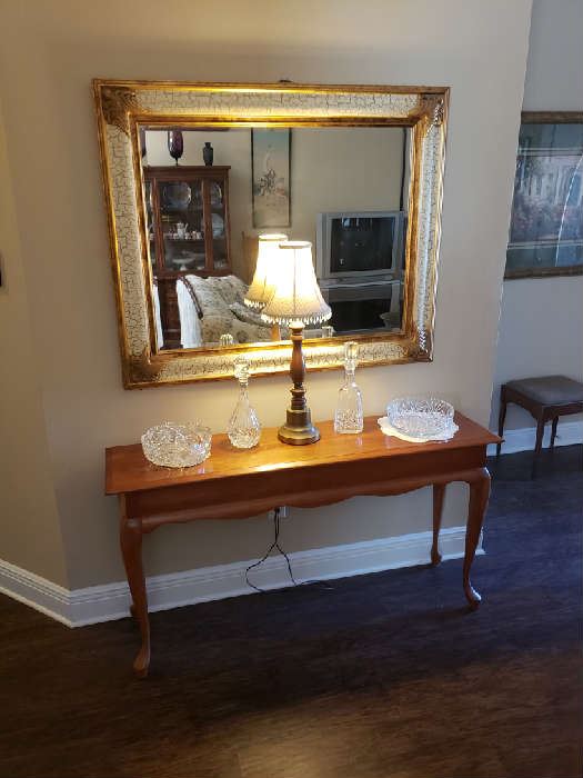 Entry/Sofa Table with American Brilliant Cut Glass and Beautiful Beveled Mirror