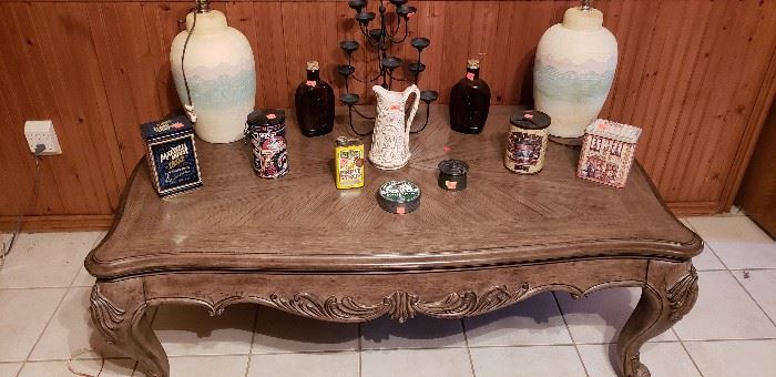 coffee table collectible tins bottles lamps