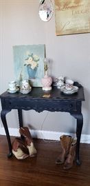 accent table boots home decor tea cups lamp