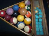 vintage pool ball rack and chalk