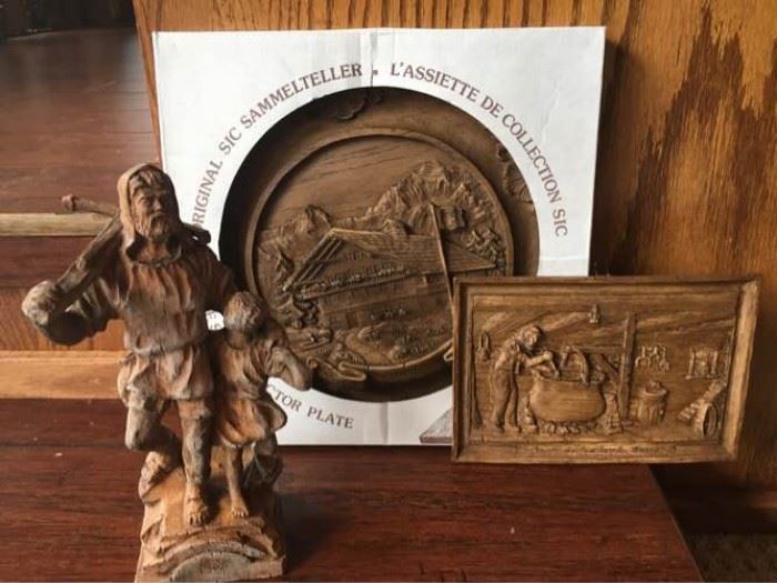 Hand carved wooden plate, statute and plaque https://ctbids.com/#!/description/share/56314