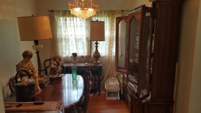 Antique French Provincial style Fruitwood Dinning Room Suite. Thomasville step back China Cabinet. Six Chairs. Hutch Server