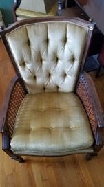 Set of French Style Walnut Finish Gold Velvet Upholstered Caned Side Armchairs