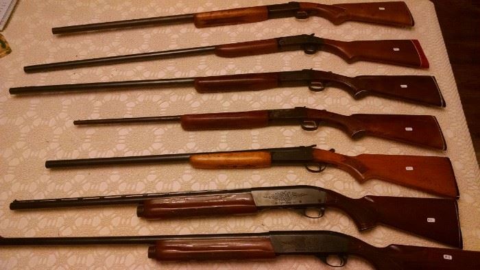 All Guns are in Beautiful Condition!
1. Remington Model 1100 12 Gauge 
2. Remington Model 1100 (Vent Rib) 12 Gauge 
3. Stevens Model 94 12 Gauge
4. Winchester Model 37A 410 Gauge
5. Winchester Model 37A 12 Gauge (Long Barrel)
6. Topper Model 158 (H + R) 12 Gauge (Long Barrel)
7. Winchester Model 37A 12 Gauge