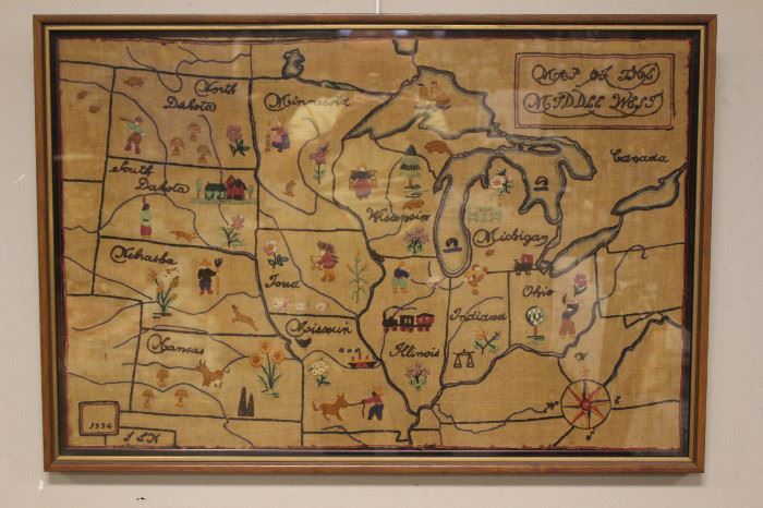 1934 Sampler  MAP of THE MIDDLE WEST
